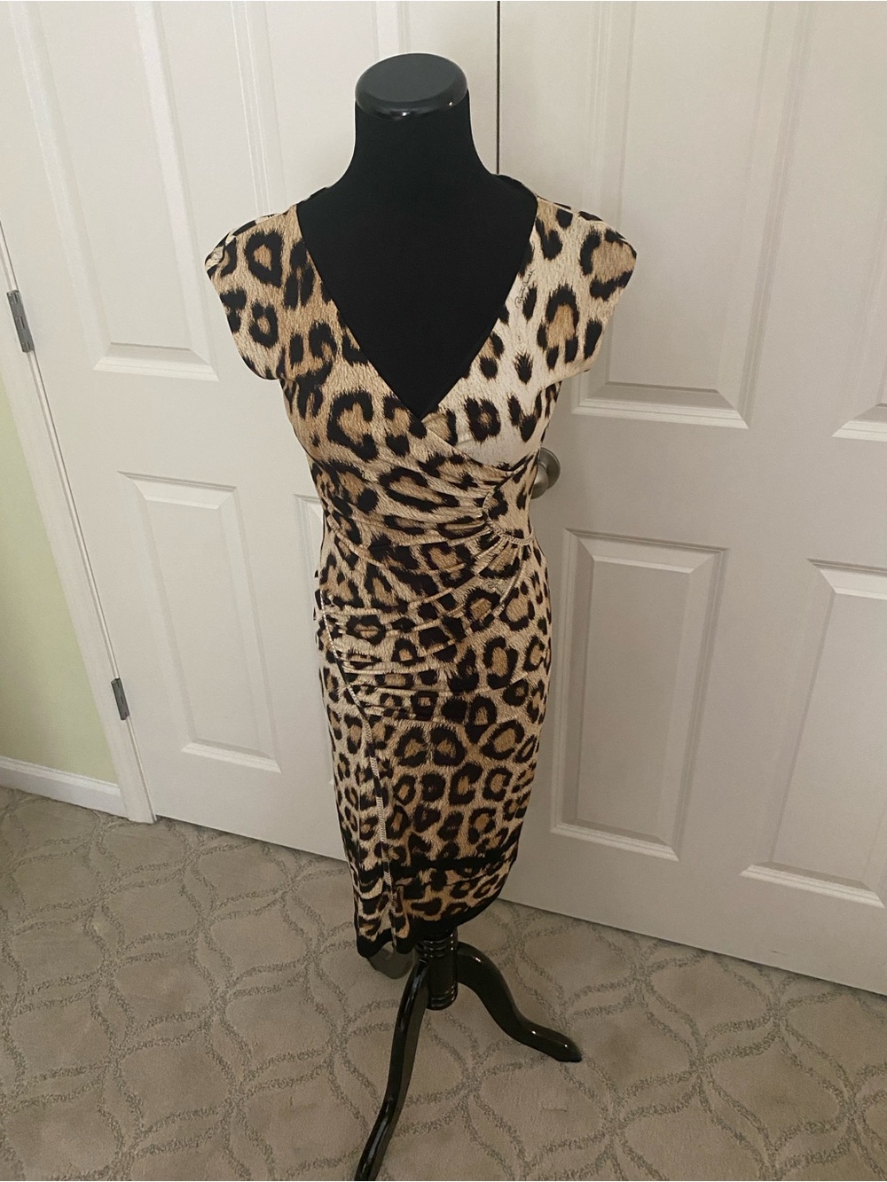 Roberto Cavalli Leopard-Print V-Neck Midi Dress in Tan and Black